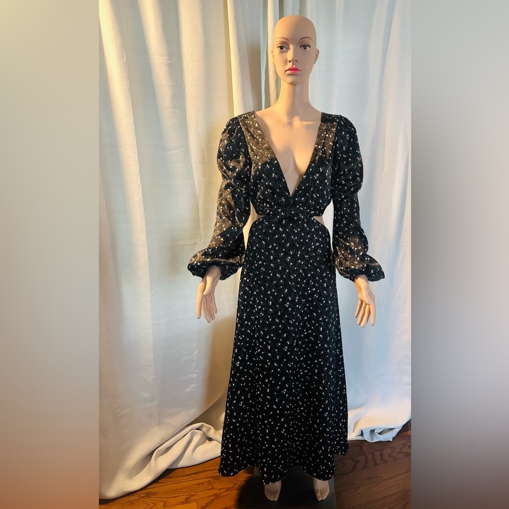 AFRM Black Floral Maxi Dress with Deep V-Neck & Puff Sleev.